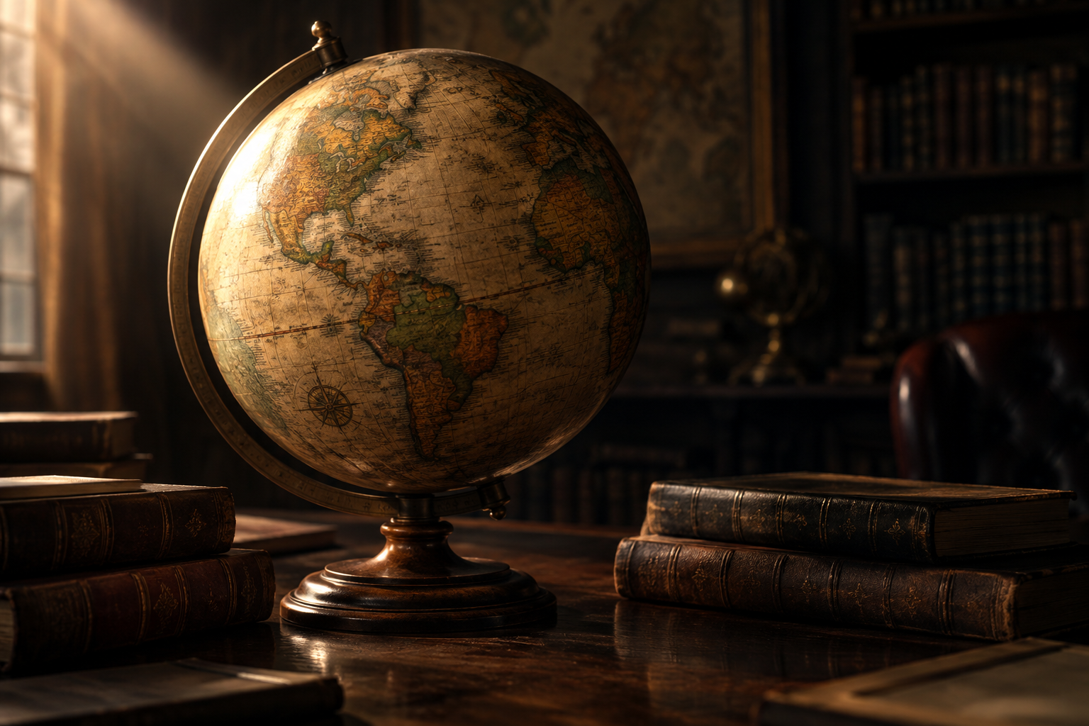 Editorial illustration of a detailed antique globe on a dark wooden surface, illuminated by a single beam of light, symbolizing global political ambition.