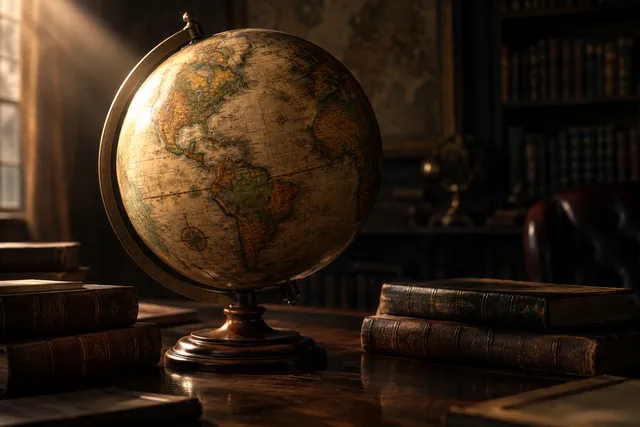 Editorial illustration of a detailed antique globe on a dark wooden surface, illuminated by a single beam of light, symbolizing global political ambition.