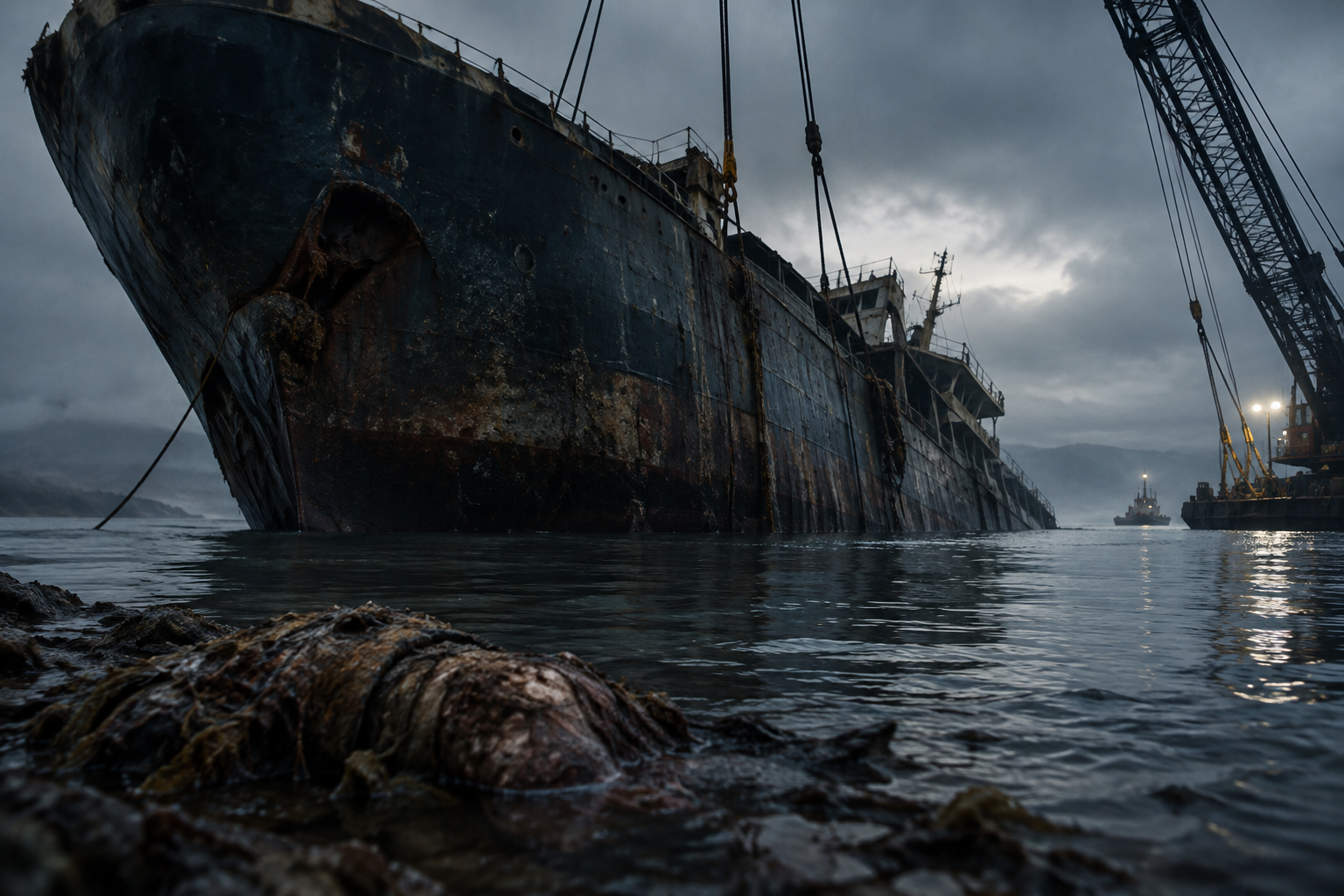 A somber editorial illustration depicting the aftermath of a maritime salvage operation, focusing on the heavy, weathered hull of a large vessel in murky water, emphasizing procedural uncertainty and potential health risks.