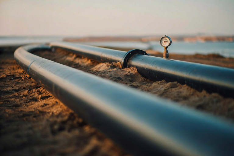 A large gas pipeline on a coastal landscape with a distant horizon and a single gas meter nearby.