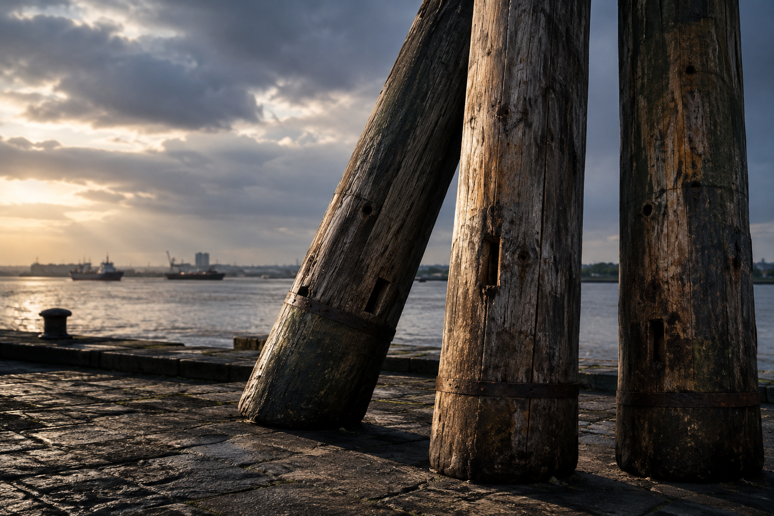 Three large, weathered wooden masts are displayed on a stone quay in a historic maritime setting, emphasizing their preserved state.