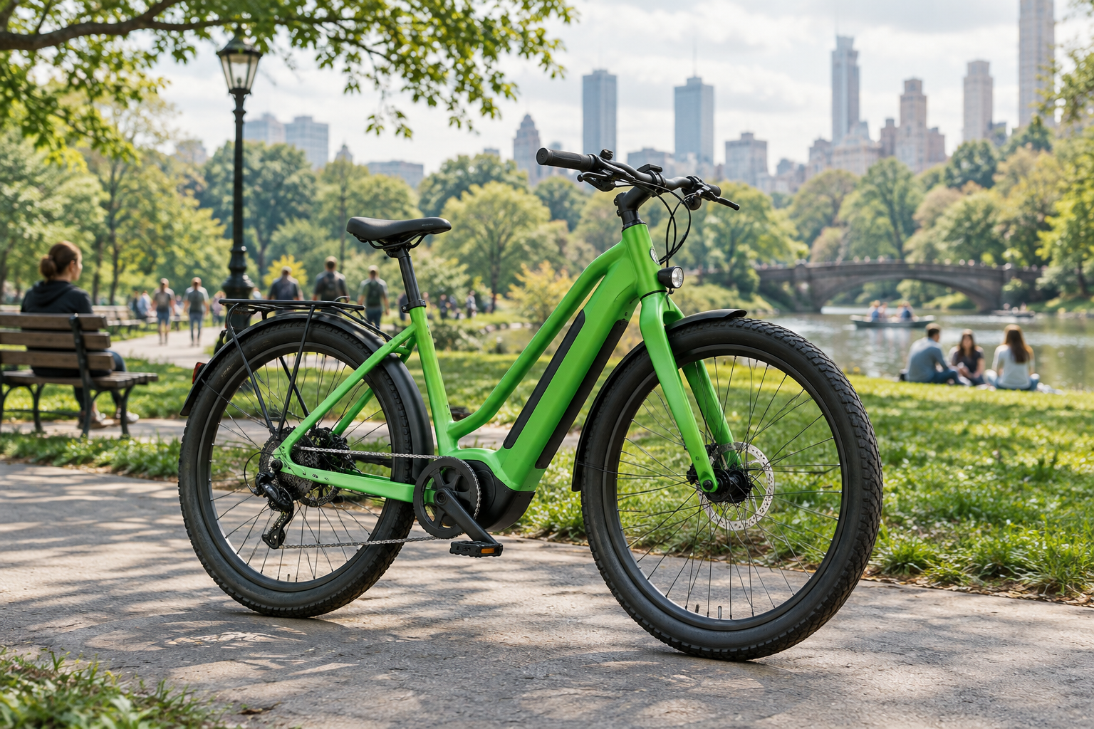 A conceptual illustration of a single, unbranded green electric bicycle resting on a paved path in a public park setting.