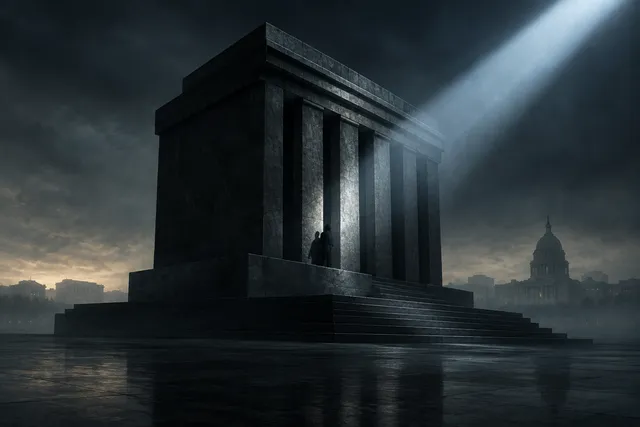 A conceptual illustration of institutional scrutiny, featuring a dark, textured stone structure under a focused beam of light.