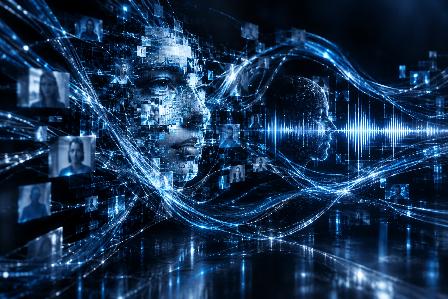 An abstract illustration of digital deception using AI, showing interconnected data streams and distorted digital representations of communication in a dark, luminous void.