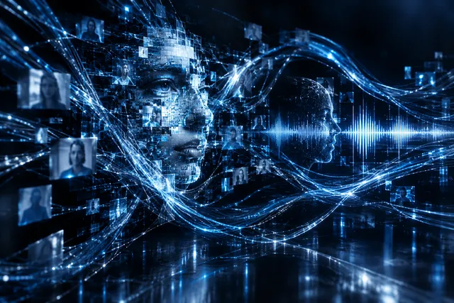 An abstract illustration of digital deception using AI, showing interconnected data streams and distorted digital representations of communication in a dark, luminous void.