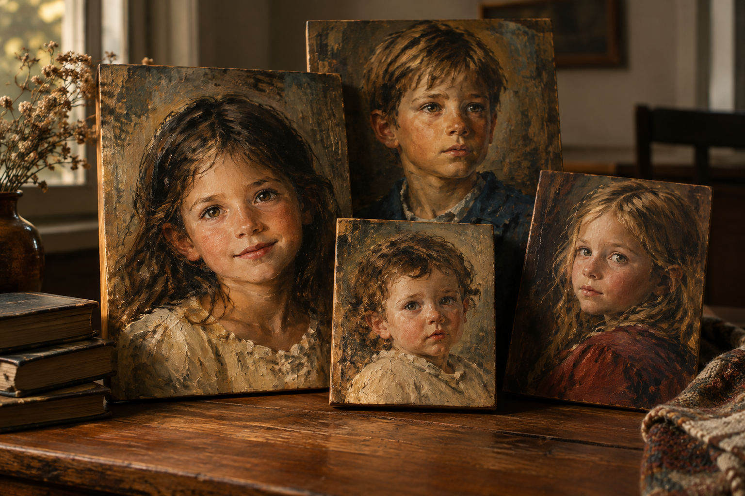 An editorial illustration depicting a collection of painted portraits of children in a softly lit, intimate domestic setting.