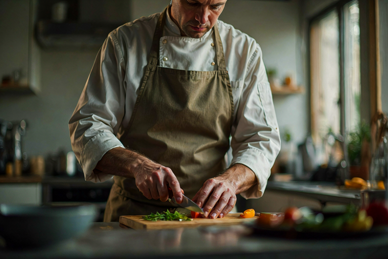 A freelance chef cutting vegetables in a minimalist kitchen