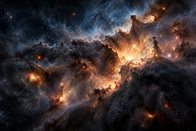 Editorial illustration of stars emerging from a dense cosmic dust cloud in the stellar nursery NGC 7129.