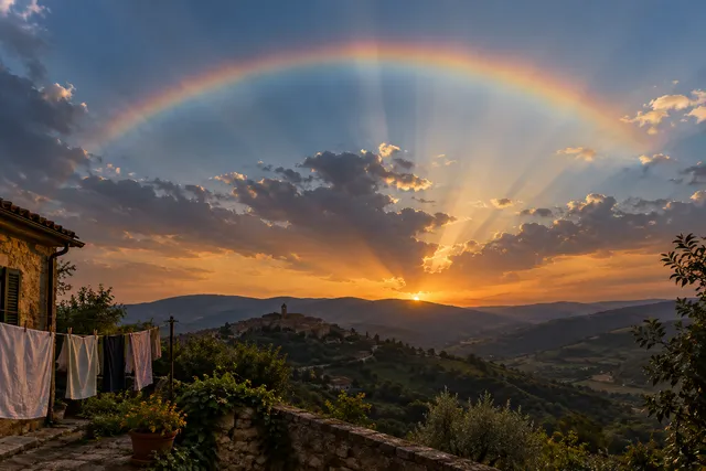 Editorial illustration of an unusual sunlit fan of light appearing near hills during sunset in Presenzano, Italy.