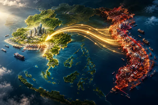 Editorial illustration showing a conceptual shift of Chinese business expansion from Vietnam to Thailand.