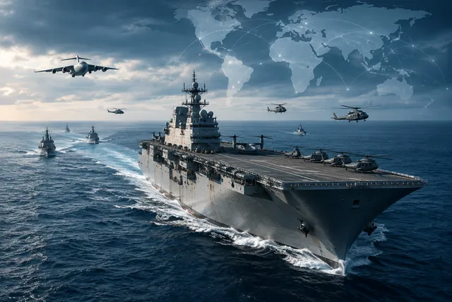 Conceptual illustration of a global military force vessel in open water, symbolizing readiness for international deployment.