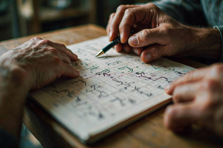 A person's hands holding a notebook, symbolizing emotional patterns and psychological complexity.