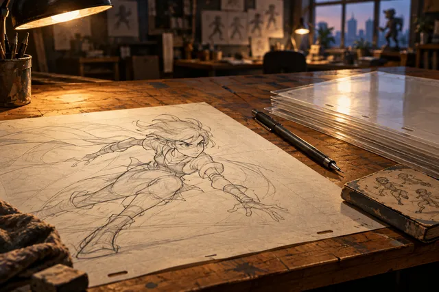 Editorial illustration of an animation artist's detailed work on a drafting table.