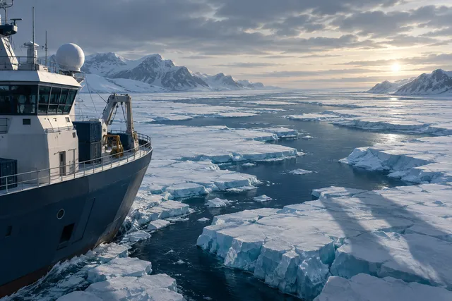 Editorial illustration of a research vessel navigating fractured ice in the Arctic, symbolizing strategic interest and climate change impact.