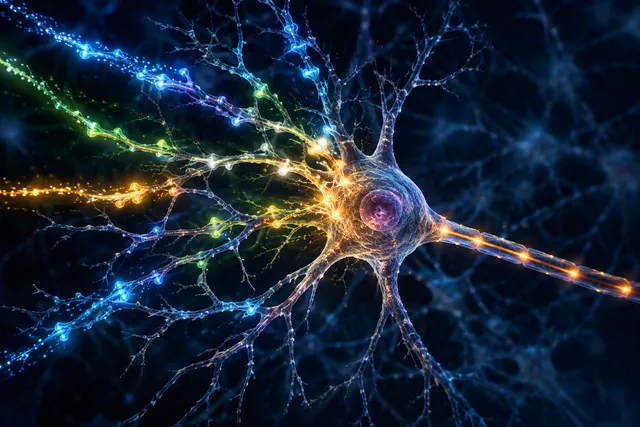 Conceptual illustration of a neuron's dendrites functioning as a complex, decision-making microcomputer.