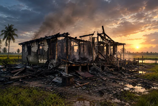 Editorial illustration of the destroyed wooden house after a fire in East Coast Demerara.