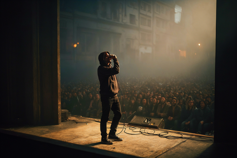 A musician performs on a dimly lit stage with a spotlight, surrounded by a blurred urban setting.