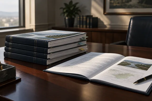 Editorial illustration of official regulatory documents on a desk in a formal office setting.