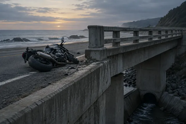 Editorial illustration of a motorcycle near a concrete bridge structure on a coastal road.