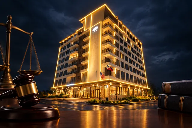 AI illustration based on reference photographs; not an event photograph. Editorial illustration of a modern, multi-story hotel building at night, suggesting a focus on corporate and legal matters.