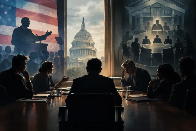 Editorial illustration suggesting political internal dynamics and questioning of party structure.