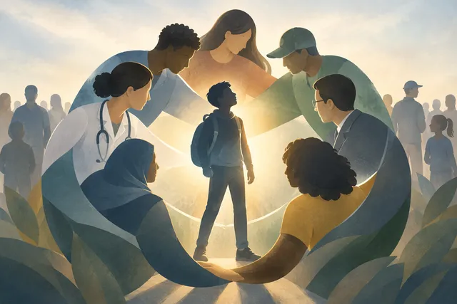 Editorial illustration symbolizing community support for youth health and safety measures.