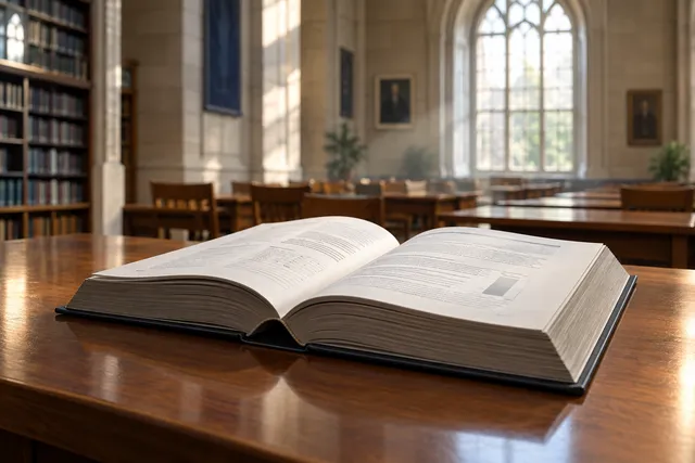 Editorial illustration of a large open report on a wooden table in a modern school setting, symbolizing a government review of antisemitism.