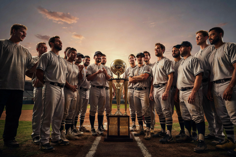 Softball players surround a glowing trophy at dusk, with a sunset background.