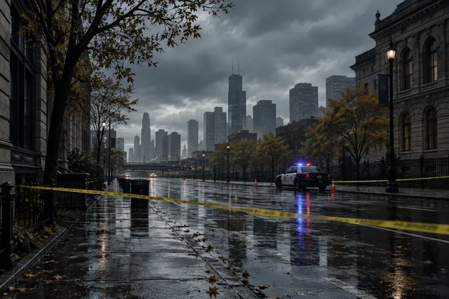 A somber, atmospheric illustration of a quiet, rain-slicked city street, conveying a sense of recent serious incident.