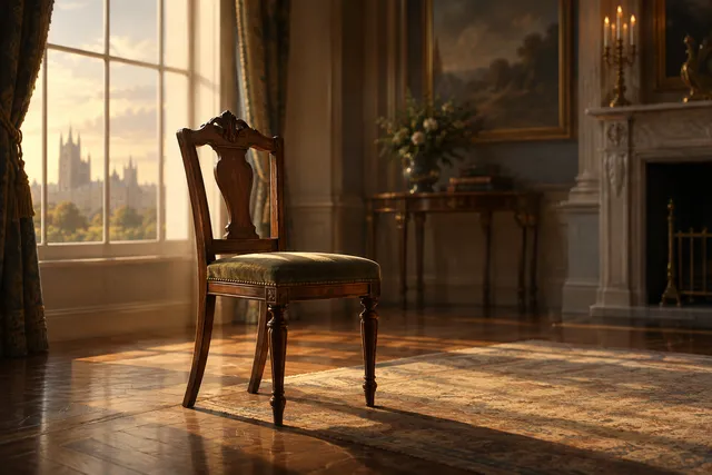 Editorial illustration of an empty antique chair in a softly lit, stately interior, symbolizing reconciliation.