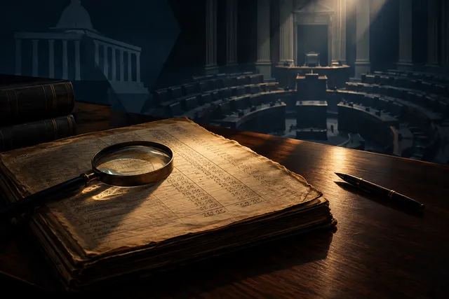 Editorial illustration of a financial ledger under scrutiny, symbolizing parliamentary investigation into pandemic-era loans.