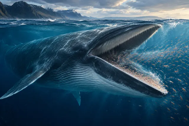 Editorial illustration of a fin whale feeding in the open ocean.