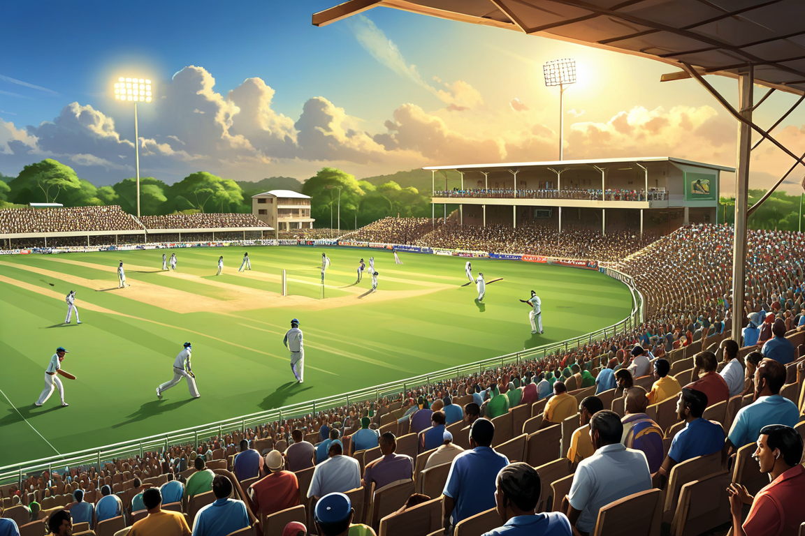 A realistic cricket match illustration showing four games in progress at two venues, with players and spectators in the stands, no text or logos, professional style.