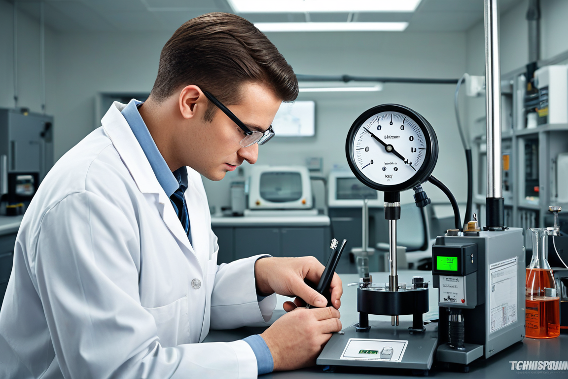 A technician calibrating a pressure gauge in a modern laboratory with precise tools and clean workspace.
