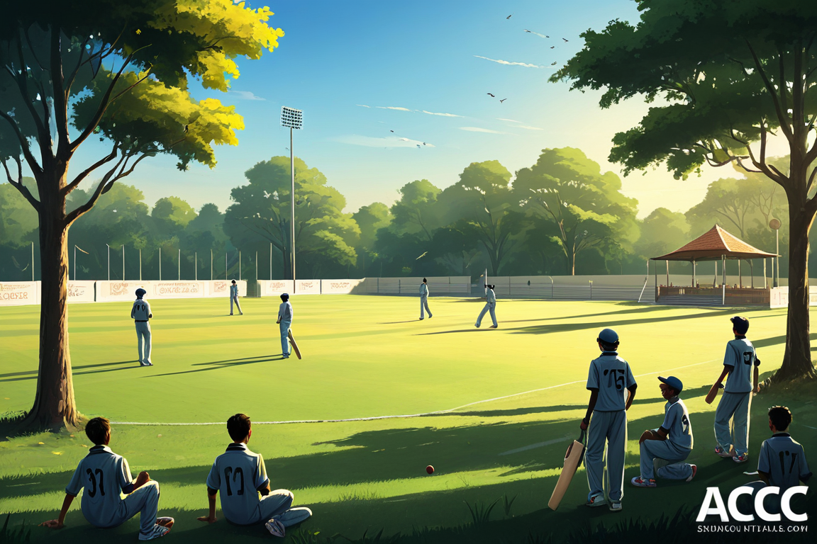 A realistic illustration of a cricket field with young students playing cricket, guided by a coach, surrounded by trees and a pavilion.