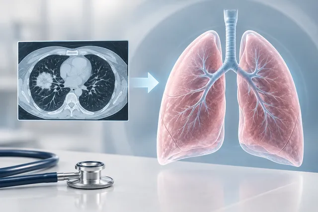 AI illustration based on reference photographs; not an event photograph. Abstract illustration representing localized lung cancer treatment success.