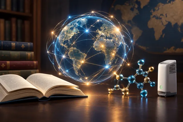 AI illustration based on reference photographs; not an event photograph. An editorial illustration symbolizing global academic exchange, featuring a network of glowing lines forming a globe, an open book, and a portable sensor against a dark, sophisticated background.