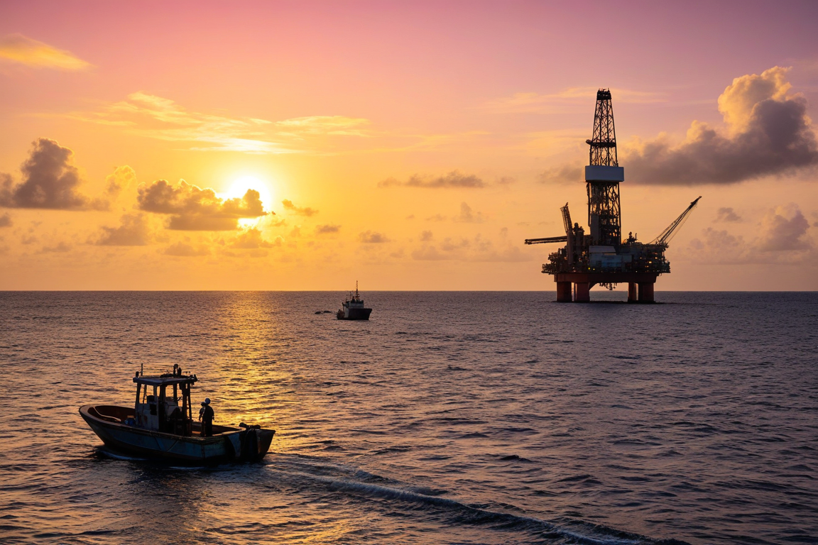 A realistic coastal scene with an oil rig and a boat, symbolizing Guyana's oil industry.