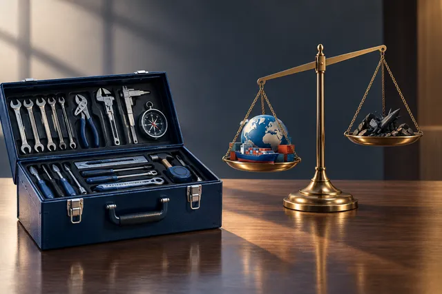 AI illustration based on reference photographs; not an event photograph. An editorial illustration showing an open, conceptual toolbox near a balanced scale, symbolizing the preparation for trade measures while aiming to avoid conflict.