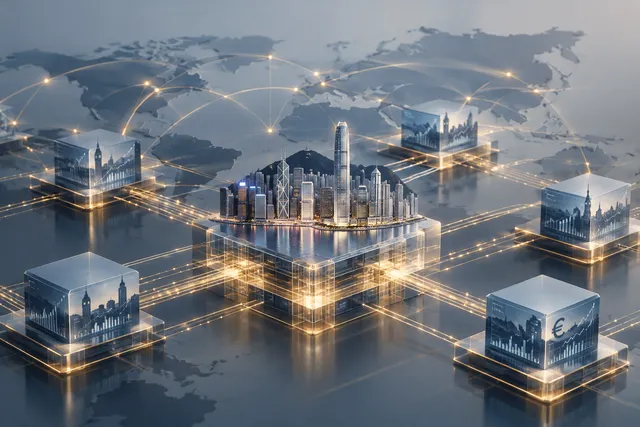 AI illustration based on reference photographs; not an event photograph. Abstract illustration of interconnected financial infrastructure elements representing a global yuan trading center.