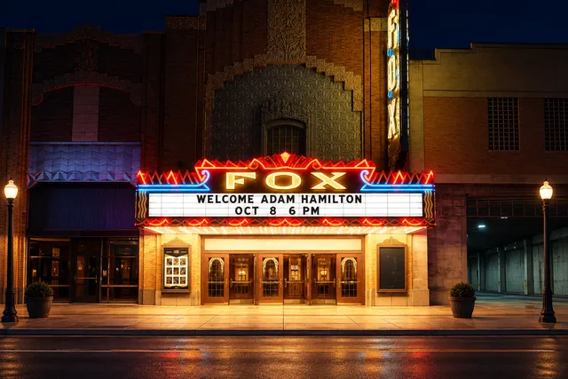 AI illustration based on reference photographs; not an event photograph. A large building facade at night with a brightly lit entrance and an illuminated sign reading 'FOX' above 'WELCOME ADAM HAMILTON OCT 8 6 PM'.