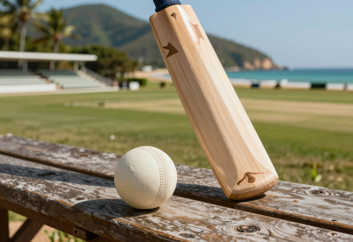 A cricket match in St. Vincent and the Grenadines with players in action, spectators in the stands, and a tropical setting.