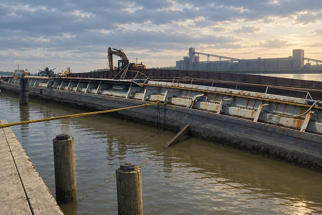 AI illustration based on reference photographs; not an event photograph. A large, dark-hulled waste oil barge listing at a wharf, surrounded by industrial elements.