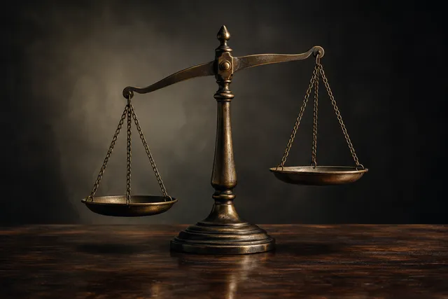 A conceptual illustration of balanced scales on a dark wooden surface, symbolizing the rule of law and the threat to rights.