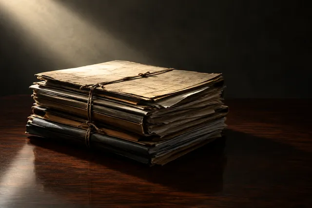 A stack of weathered, bound documents on a dark wooden surface under a focused beam of light.