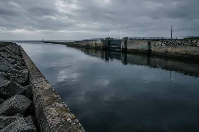 A wide, somber editorial illustration of a canal embankment near a sea dam under an overcast sky.