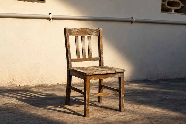 AI illustration based on reference photographs; not an event photograph. A single, weathered wooden chair stands in an empty, stark outdoor setting under focused lighting.