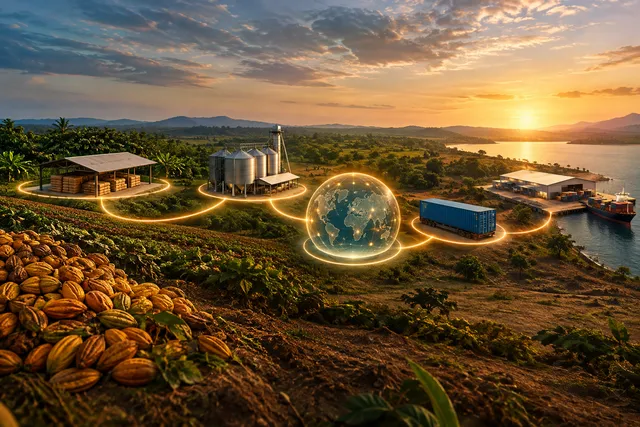 Editorial illustration showing the interconnected flow of an agricultural supply chain from farm to consumer.