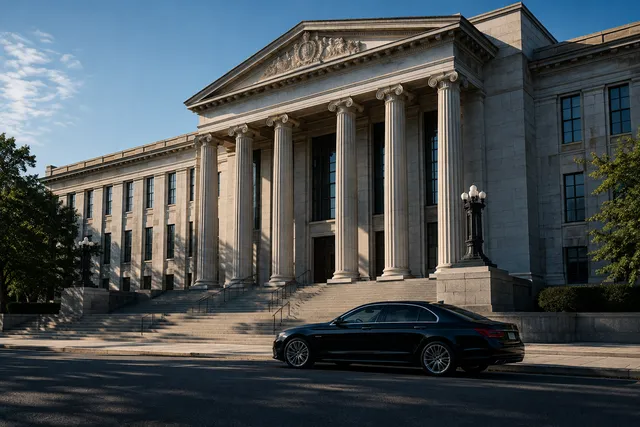 A formal government building facade with a dark sedan parked near the curb under bright light.