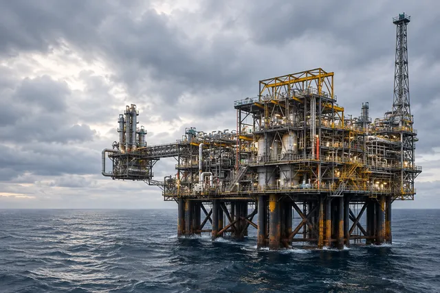 AI illustration based on reference photographs; not an event photograph. An editorial illustration of a large, complex offshore gas production platform in the North Sea under an overcast sky.